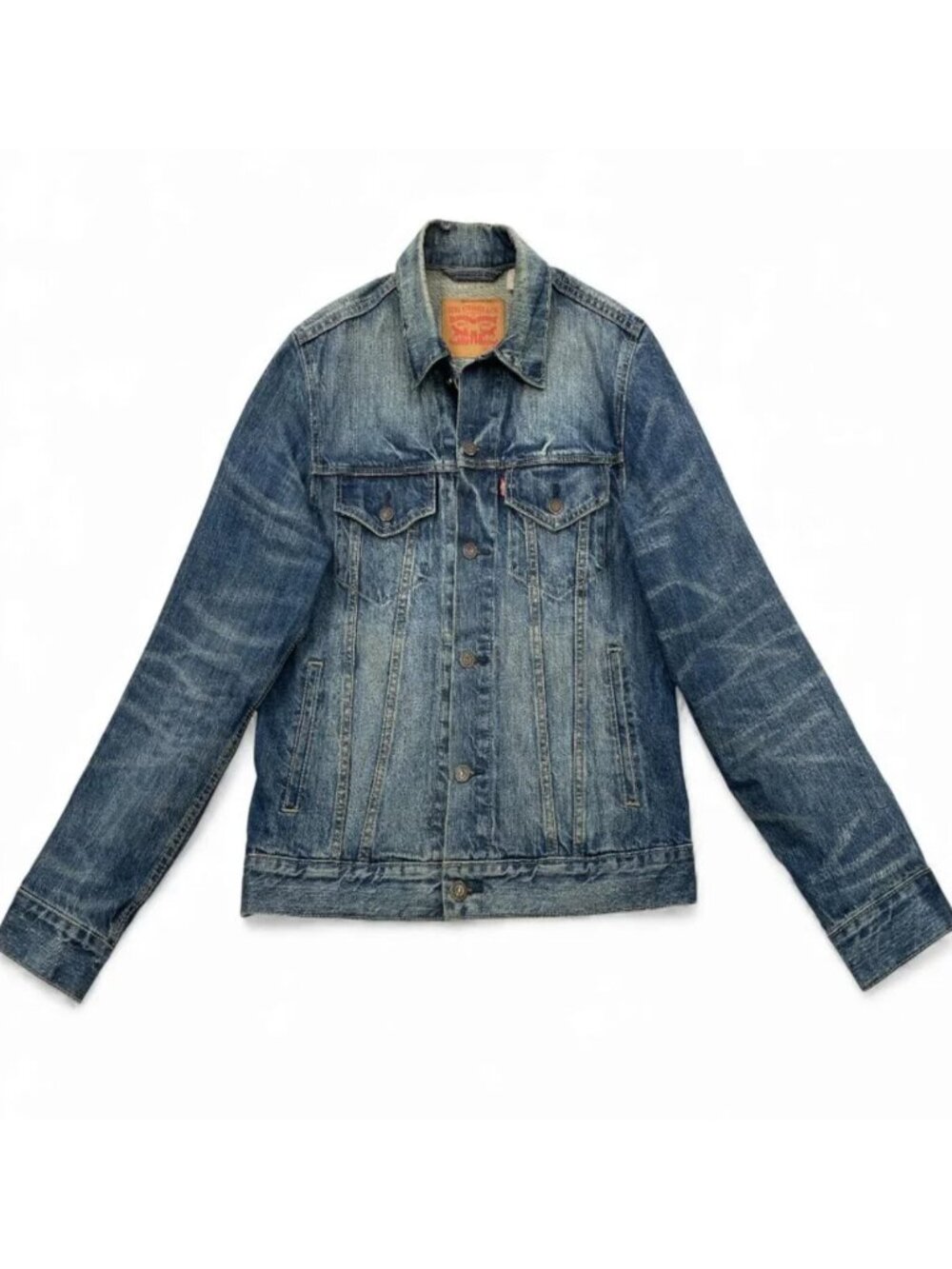 Levis Denim Jean Jacket Blue Cotton Men's Medium Nice Whisker Fade Pattern